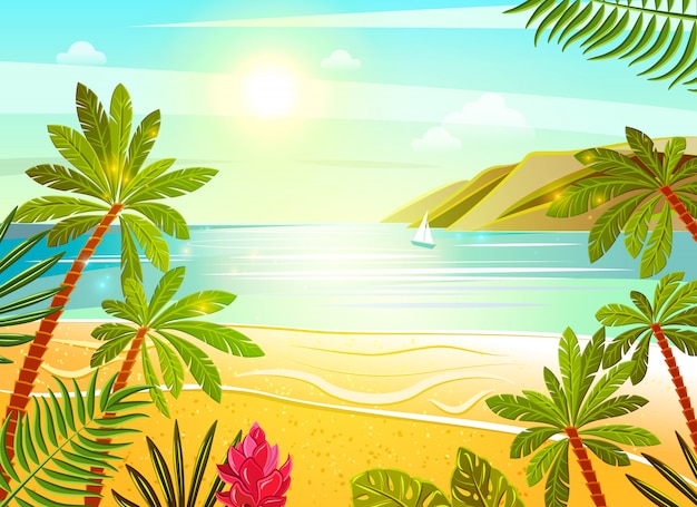 Stampa poster mare tropicale spiaggia piatta Vettore gratuito
