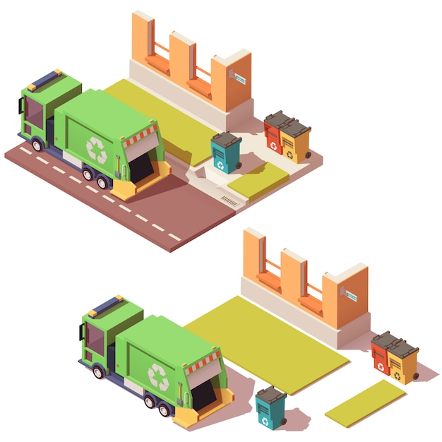 Strada isometrica con camion della spazzatura e contenitori per rifiuti separati Vettore Premium