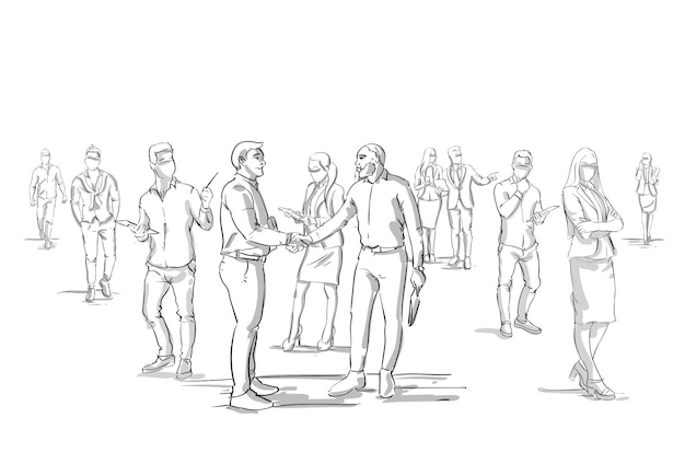Stretta di mano di due uomini d'affari silhouette over businesspeople gruppo folla uomini d'affari capo agitando le mani Vettore Premium