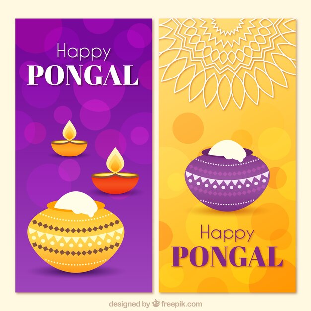 Striscioni pongal giallo e viola con effetto bokeh Vettore gratuito