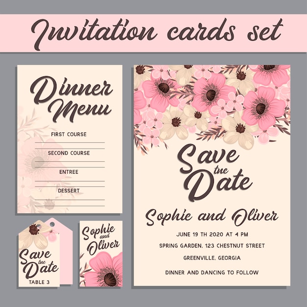 Suite di carte invito di nozze con modelli di fiori. Vettore gratuito