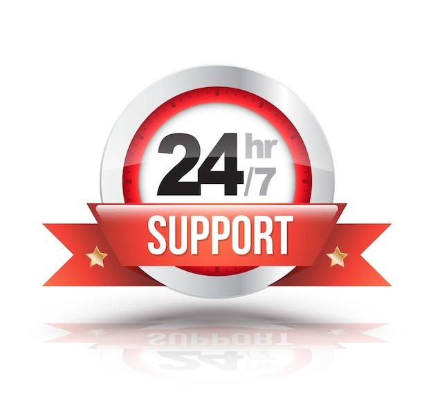 Supporto rosso 24 ore su 24 con badge con scala orologio Vettore Premium