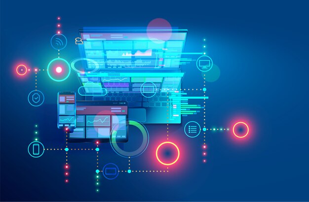 Sviluppo, progettazione e codifica web e app offline. progettazione dell'interfaccia e del codice dei programmi. Vettore Premium