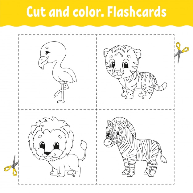Taglia E Colora Set Di Schede Flash Fenicottero Tigre Leone Zebra Libro Da Colorare Per Bambini Vettore Premium