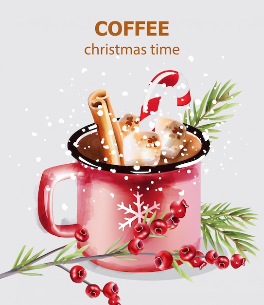 Decorazioni Natalizie Con Caramelle.Tazza Di Caffe Tempo Di Natale Con Caramelle E Decorazioni Natalizie Vettore Premium