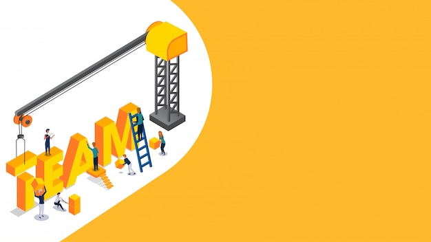 Team di testo 3d con persone in miniatura. Vettore Premium