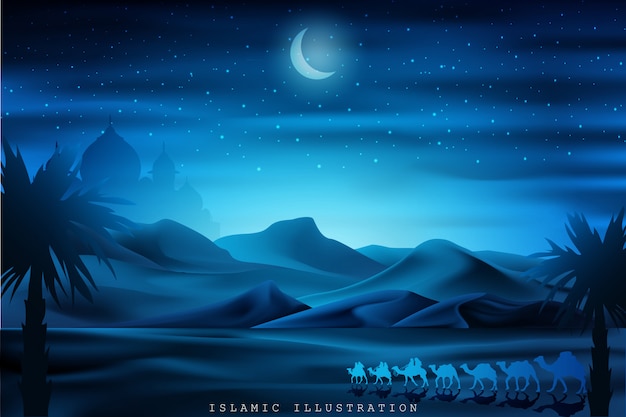 Terra araba cavalcando cammelli di notte accompagnati da scintillii di stelle, moschee Vettore Premium