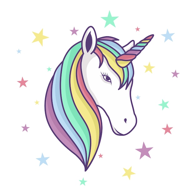 Testa Di Unicorno Colorato Con Sfondo Di Corno Arcobaleno E Stelle Vettore Premium