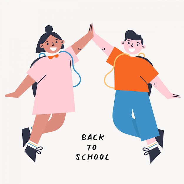 Torna a scuola illustrazione vettoriale con bambini che danno il cinque. illustrazione variopinta di design piatto. Vettore Premium