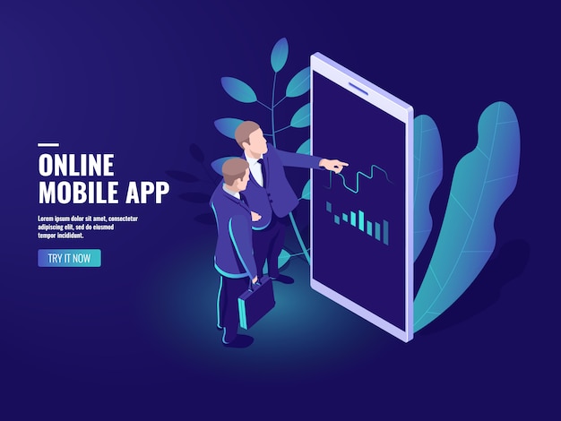 Trading online icona isometrica, due uomini d'affari a parlare, business analytics Vettore gratuito