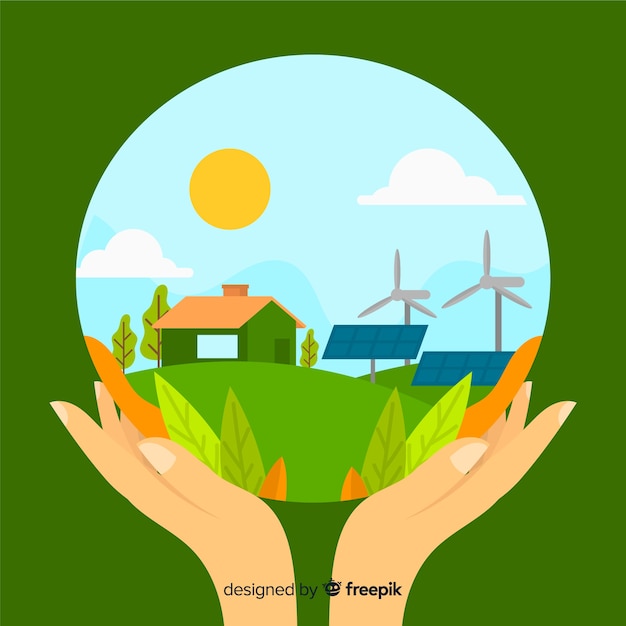 Turbine eoliche e pannelli solari in una fattoria Vettore gratuito