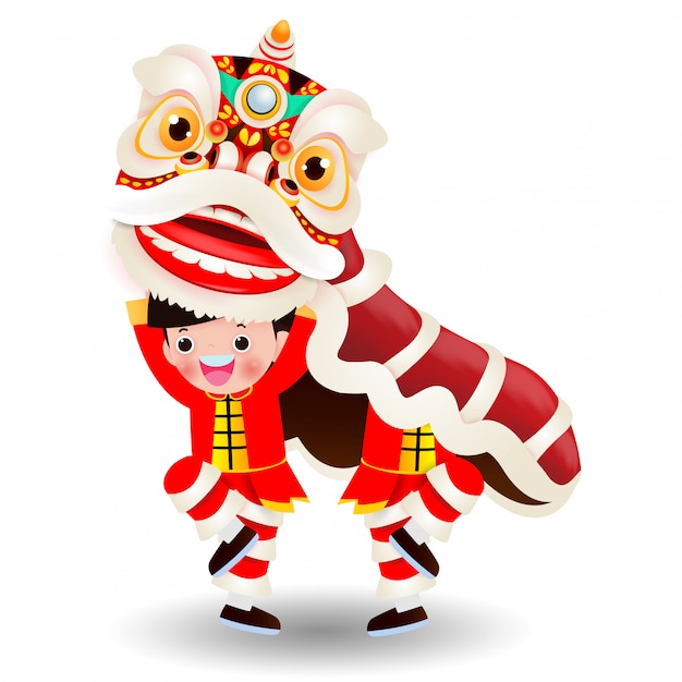 Two little boys esegue lion dance, happy chinese new year 2020, bambini che giocano a chinese lion dancing Vettore Premium
