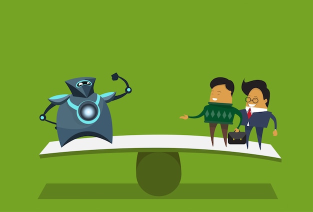Umano contro robot moderni e uomini d'affari su sfondo verde concetto di intelligenza artificiale Vettore Premium
