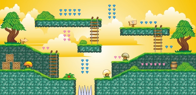 Un set di sfondi stratificati utilizzati per creare giochi mobili Vettore Premium