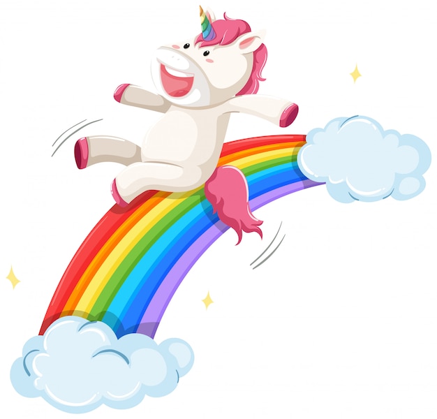 Una diapositiva di unicorno sull'arcobaleno Vettore gratuito