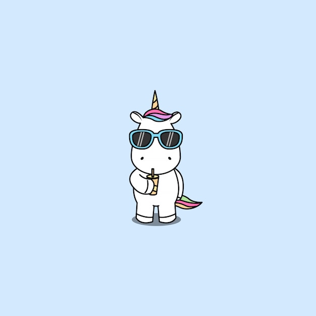 Unicorno carino con occhiali da sole acqua potabile vettoriale Vettore Premium