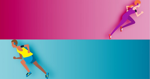 Uomini e donne sono in esecuzione per l'esecuzione di illutration di eventi Vettore Premium