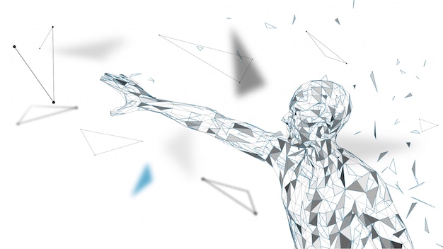 Uomo astratto concettuale che tocca o che punta a qualcosa. linee collegate, punti, triangoli, particelle. concetto di intelligenza artificiale. vettore di alta tecnologia, sfondo digitale. 3d rendering vettoriale Vettore Premium