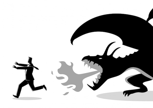 Uomo d'affari che fugge da un drago Vettore Premium