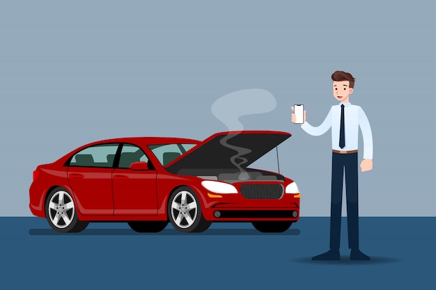 Uomo d'affari in possesso di un telefono cellulare e chiamare per l'assicurazione quando la sua auto è stata rotta. Vettore Premium