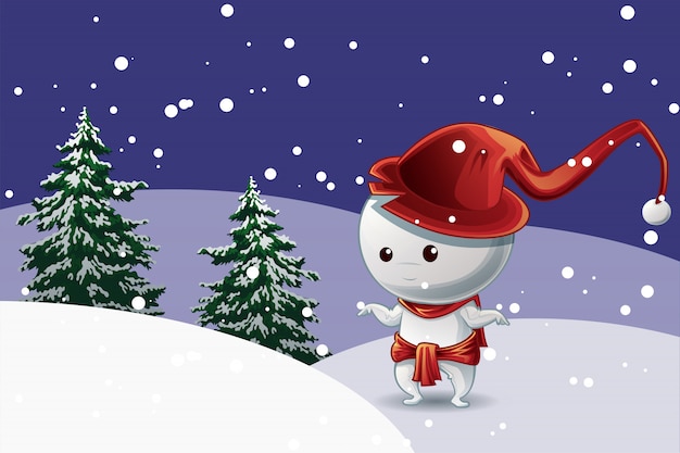 Sfondi Natalizi Con Neve.Uomo Di Neve Con Cappello Rosso Nel Festival Di Natale Sulla Neve E Alberi Sullo Sfondo Vettore Premium