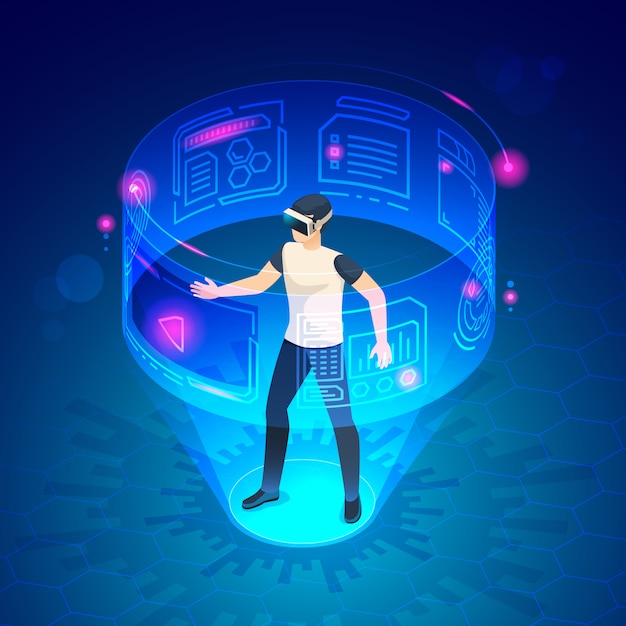Uomo isometrico in vr. illustrazione virtuale di intrattenimento del gioco dei dispositivi della cuffia avricolare degli occhiali di protezione del mondo futuro Vettore Premium