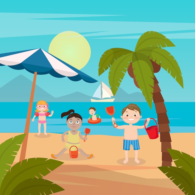 Vacanze al mare per bambini. ragazze e ragazzi che giocano e nuotano sulla spiaggia. illustrazione vettoriale Vettore Premium