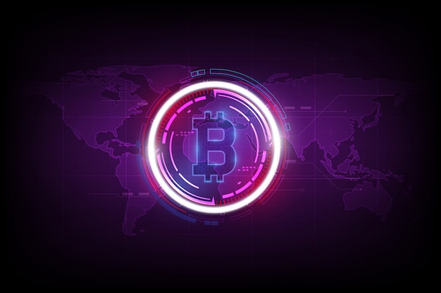 Valuta digitale bitcoin e ologramma del globo mondiale, denaro digitale futuristico e concetto di rete mondiale della tecnologia. Vettore Premium