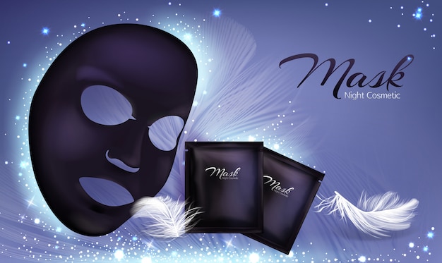 Vector 3d banner realistico con maschera cosmetica facciale foglio nero e bustina Vettore gratuito
