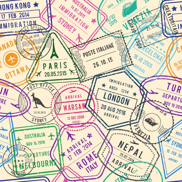 Vector il modello senza cuciture delle illustrazioni di viaggio con i bolli, visto e documenti differenti per il viaggio Vettore Premium