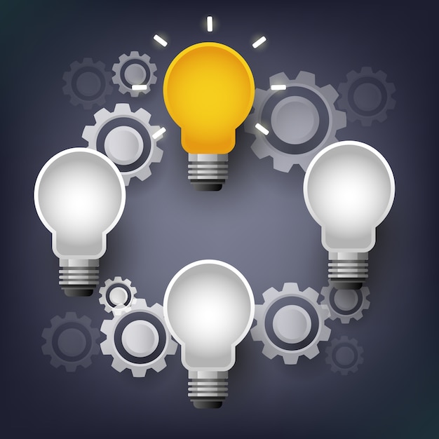 Vector la lampadina di infographic con la comunicazione dell'ingranaggio, concetto di lampo di genio Vettore Premium