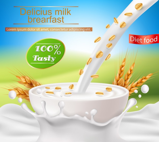Vector poster realistico con una spruzzata di latte e latte versando in una tazza con una colazione a base di cereali Vettore gratuito