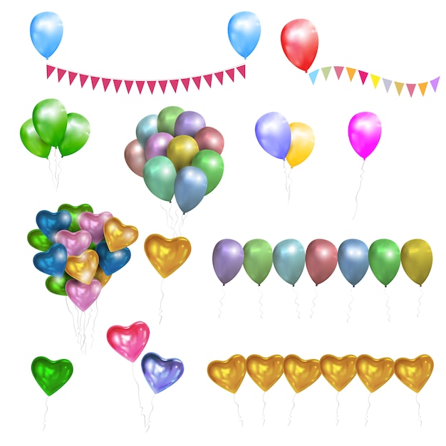 Vector set di colori lucidi palloncini, cuori e bandiere bunting Vettore Premium