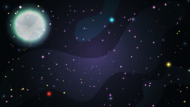 Vector spazio piatto sullo sfondo. modello carino galassia della via lattea con stelle e luna luminosa. Vettore Premium