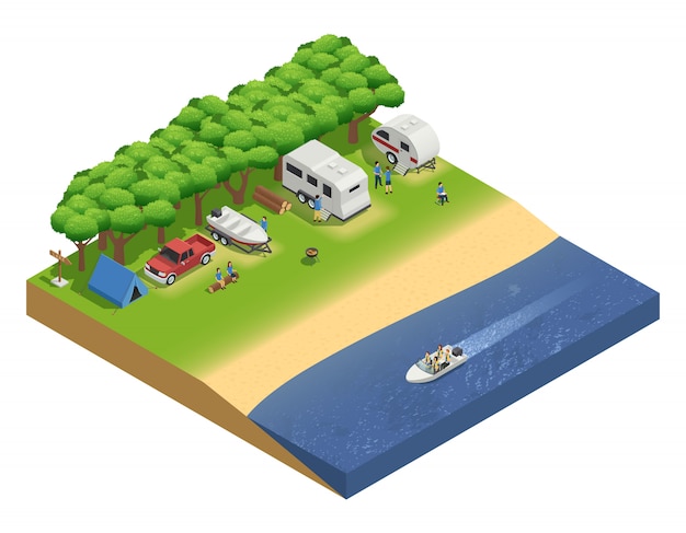 Veicoli ricreativi sulla composizione isometrica della spiaggia con la gente e la barca Vettore gratuito