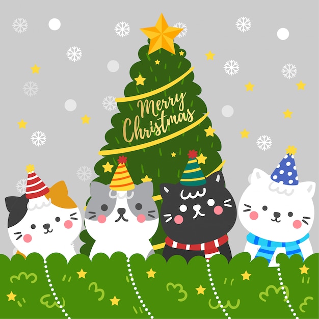 Foto Di Natale Gatti.Vettore Sveglio Dell Albero E Dei Gatti Di Natale Del Fumetto Vettore Premium