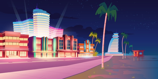 Via A Miami Con Hotel E Spiaggia Di Sabbia Di Notte Vettore Gratis
