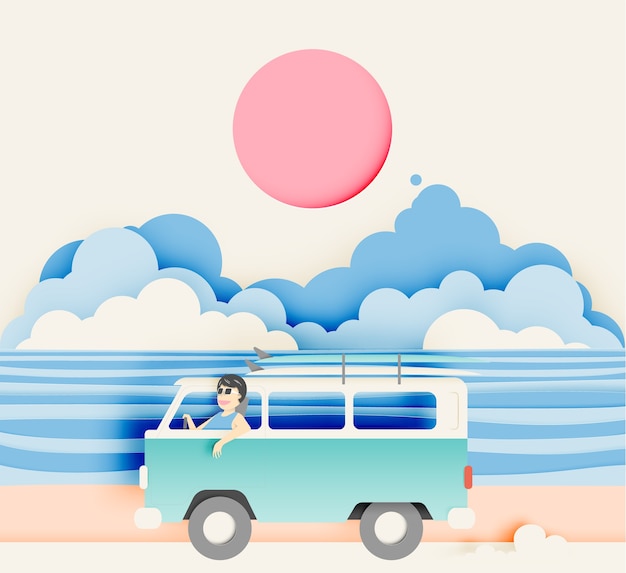 Viaggio su strada sulla spiaggia con stile di arte di carta e combinazione di colori pastello illustrazione vettoriale Vettore Premium
