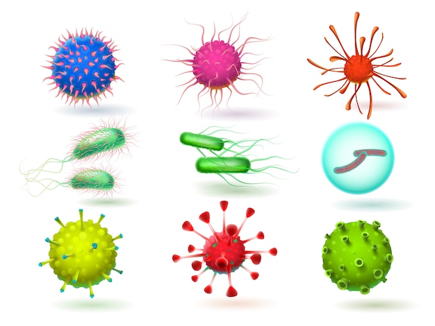 Virus epidemico microscopico 3d, batteri bacillus e parassita. Vettore Premium