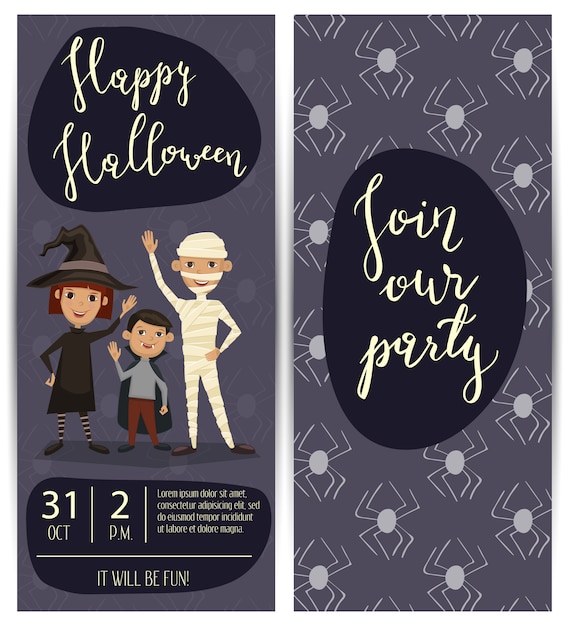 Volantini di festa di halloween con bambini in costumi Vettore Premium