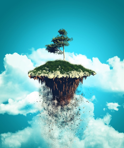 3d drijvend eiland dat in de hemel explodeert Gratis Foto
