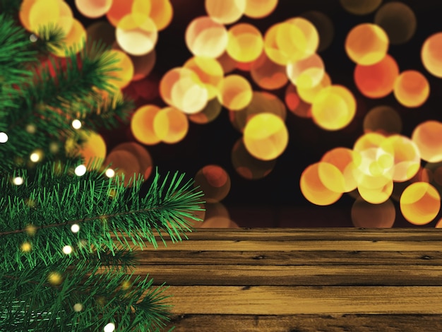 3d kerstboom tegen een houten tafel en bokeh lichten Gratis Foto