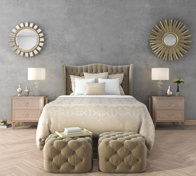 Regelmatig pik geduldig 3d-rendering klassieke luxe slaapkamer met poef en spiegel en betonnen muur  | Premium Foto