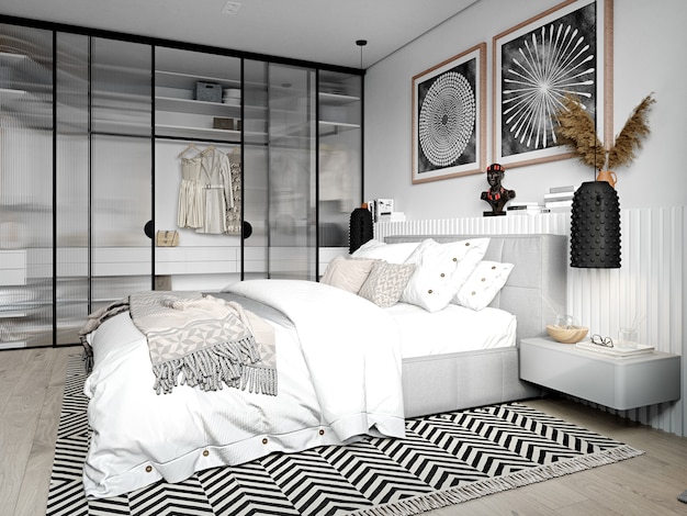 hardop Toeschouwer lavendel 3d-rendering. moderne slaapkamer interieur in afrikaanse stijl. | Premium  Foto
