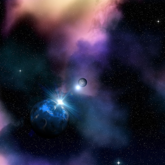 3d ruimteachtergrond met zon die achter fictieve planeet toeneemt Premium Foto