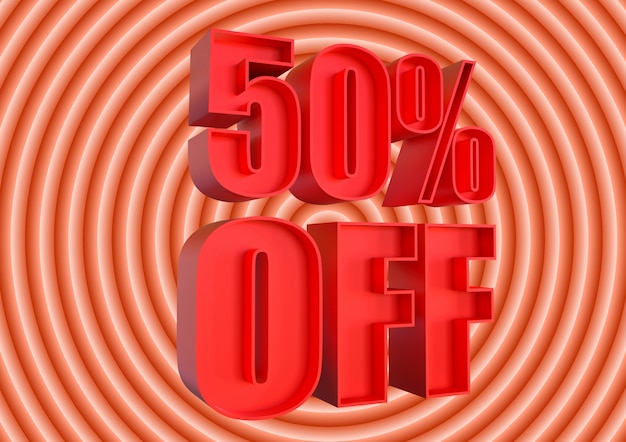 50% korting, kortingsbanner voor verhoogde verkoop in winkels en getagd. 3d-rendering Premium Foto