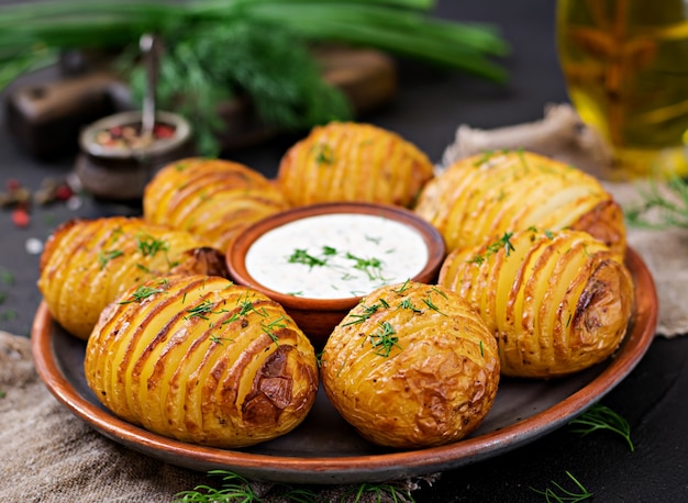 Aardappel In De Schil Met Kruiden En Saus. Veganistisch Eten. Gezonde ...