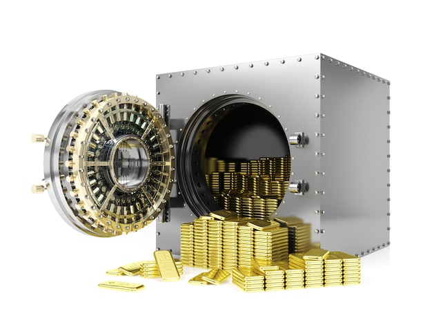 Bank kluis en geopende bank kluis deur onthullende goudstaven, 3d-rendering Premium Foto