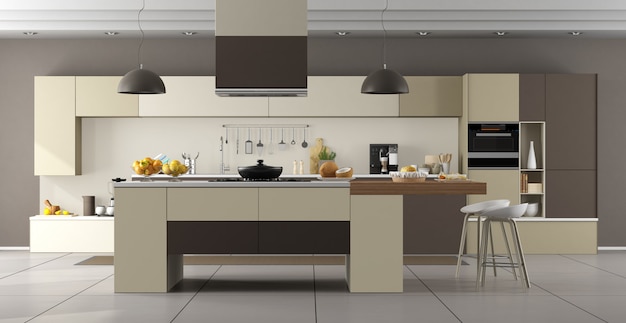 Beige en bruin moderne keuken met kookeiland Premium Foto