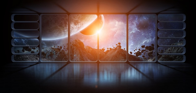 Bekijk planeten vanuit een groot ruimteschip venster 3d-rendering elementen van deze afbeelding geleverd door nasa Premium Foto